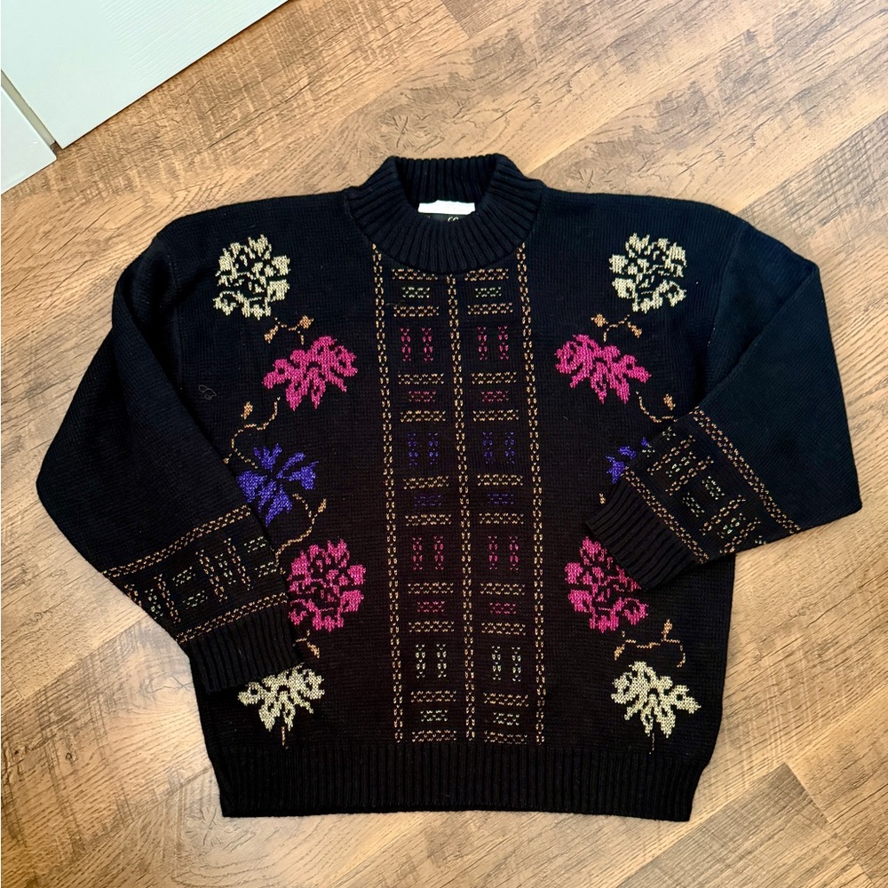 Elegant Black Floral Crewneck Sweater